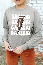 GAME DAY Round Neck Long Sleeve Sweatshirt Gray OutfitFlow