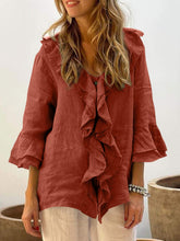 Full Size Ruffled V-Neck Flounce Sleeve Blouse Orange-Red OutfitFlow