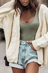 Cable-Knit Open Front Cardigan Ivory OutfitFlow