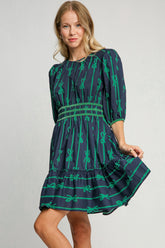 Umgee Ribbon Print Frill Contrast Velvet Trim Half Sleeve Dress Navy OutfitFlow