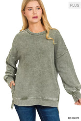 Zenana Full Size Acid Washed Double Ribbed Hi-low Sweatshirt Plus Size DK OLIVE OutfitFlow