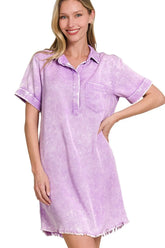 Zenana Tencel Mineral Washed Collared Shirts Dress B LAVENDER OutfitFlow