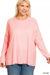 Zenana Full Size Melange Hacci Exposed Seam Hi-low Tee Plus Size DK PINK OutfitFlow