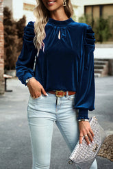 Tie Up Mock Neck Velvet Fabric Long Sleeve Blouse Navy OutfitFlow
