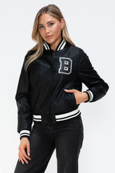 Love Me Now PU Leather Contrast Snap Down Bomber Jacket Midnight Black OutfitFlow