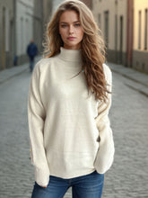 Solid Color Turtleneck Long Sleeve Sweater Cream One Size OutfitFlow