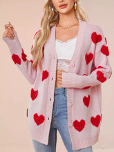Heart Pattern Knit Button-Up Cardigan Pink OutfitFlow