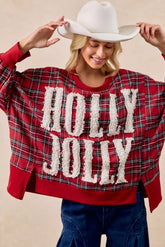 BiBi Holly Jolly Christmas Plaid Oversized Sweatshirt RED PLAID OutfitFlow