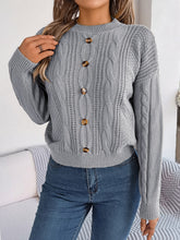 Cable-Knit Buttoned Round Neck Sweater Charcoal OutfitFlow