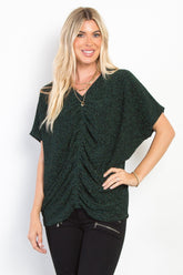 Be Stage Full Size Lurex Center Elastic Cinched Knit Top Hunter Green OutfitFlow