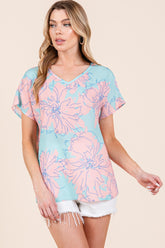 BOMBOM Floral Short Sleeve T-Shirt Aqua-Pink OutfitFlow