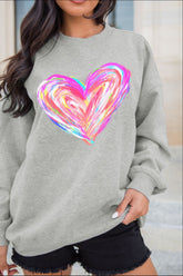Valentine’s Day Heart Round Neck Drop Shoulder Sweatshirt Gray OutfitFlow