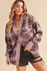 Aemi + Co Side Slit Patch Pocket Plaid Button Down Jacket Purple OutfitFlow