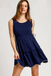 Umgee Frill Drawstring Waist Round Neck Mini Tank Dress Dark Navy OutfitFlow