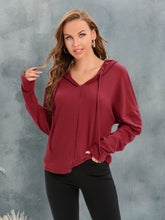 Waffle-Knit Drawstring Drop Shoulder Hoodie Red Orange OutfitFlow