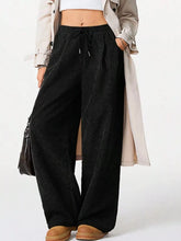 Wide Leg Corduroy Drawstring Pants Black· OutfitFlow