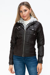 YMI Removable Faux Layered Multi-Pocket Jacket with Fuzzy Hood Chocolate OutfitFlow