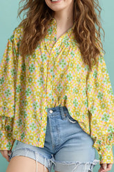 Frill Printed Collared Neck Long Sleeve Blouse Yellow Green OutfitFlow