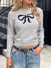 Bow Round Neck Knit Top Gray OutfitFlow