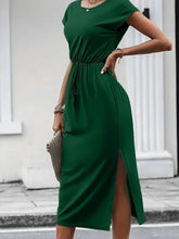 Slit Round Neck Short Sleeve Dress Dark Green OutfitFlow