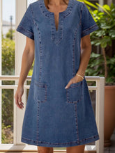 Full Size Notched Short Sleeve Denim Dress Dusty Blue OutfitFlow