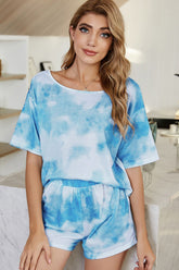 Shiny Tie-Dye Boat Neck Top and Shorts Lounge Set Sky Blue OutfitFlow