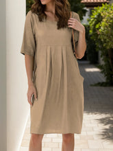 Full Size Round Neck Half Sleeve Dress with Pockets Tan OutfitFlow