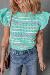 Ruffled Eyelet Striped Round Neck Cap Sleeve Knit Top Turquoise OutfitFlow