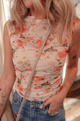 Mesh Floral Printed Mock Neck Sleeveless Top Floral OutfitFlow