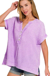 Zenana Washed Double Gauze 3/4 Button Henley Neck Shirt B LAVENDER OutfitFlow