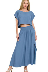 Zenana Heavy Woven Span Crop Tee & Skirt Set DUSTY BLUE OutfitFlow