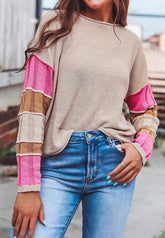 Color Block Round Neck Long Sleeve Sweater Beige OutfitFlow