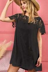BiBi Crochet Lace Yoke Detailed Wrinkled Dress BLACK OutfitFlow