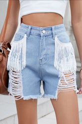 Distressed Fringe Denim Shorts Blue OutfitFlow