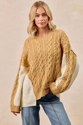 BiBi Cable Knit With Hacci Combo Sweater With Uneven Hem Detail LT MUSTARD IVORY OutfitFlow