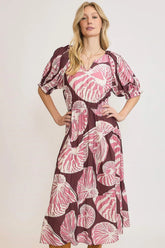 Umgee Full Size Printed Notched Puff Sleeve Midi Dress Plus Size PLUM MAUVE OutfitFlow
