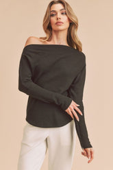 Aemi + Co One Shoulder Long Sleeve Knit Top Black OutfitFlow