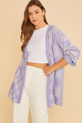 Annie Wear Checkered Open Front Drop Shoulder Cardigan Lavender OutfitFlow