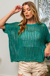 BiBi Hollowed Out Short Sleeve Knit Cover Up Jade OutfitFlow