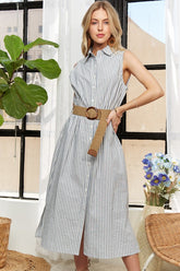 ADORA Striped Button Down Sleeveless Midi Dress Air Force Blue OutfitFlow