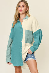 Double Take Full Size Pocketed Texture Button Up Shirt Teal OutfitFlow