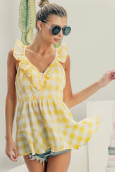 BiBi Ruffled Neckline Sleeveless Check Plaid Peplum Top LEMON IVORY OutfitFlow