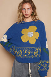 POL Flower Lace Patch Long Sleeve Sweater Blue OutfitFlow