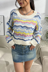 Striped Openwork Dropped Shoulder Sweater Multicolor OutfitFlow