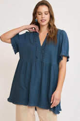 Umgee Full Size Raw Hem Notched Babydoll Linen Blouse Plus Size French Blue OutfitFlow