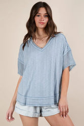 VERY J Oversized Contrast Knit Comfy Casual Top Light Blue OutfitFlow