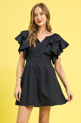 Umgee Double Ruffle Sleeve Fit and Flare Dress Black OutfitFlow