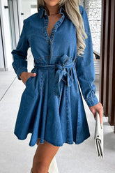 Tied Half Button Long Sleeve Denim Dress Dusty Blue OutfitFlow