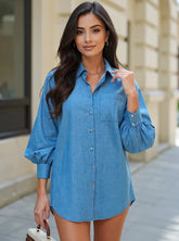 Button Up Lantern Sleeve Oversized Shirt Blue OutfitFlow
