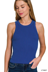 Zenana Seamless Ribbed Crop Tank LT NAVY OutfitFlow